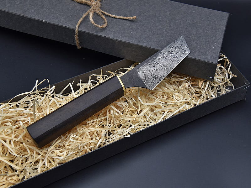 67 Ko Bunka in Tanto Style with Raindrop Damascus and Smoked Eucalyptus