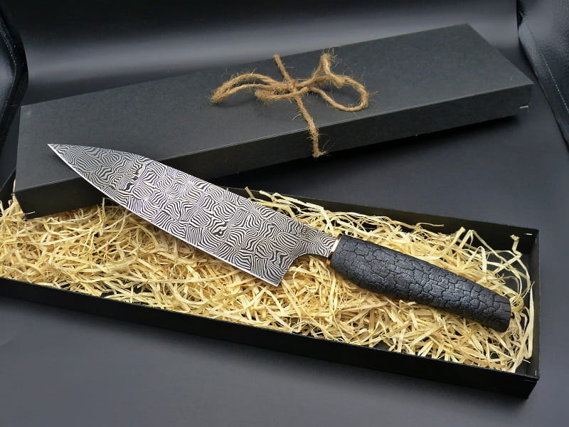 Basketweave Mosaic Damascus, Stabilized Burnt Wood