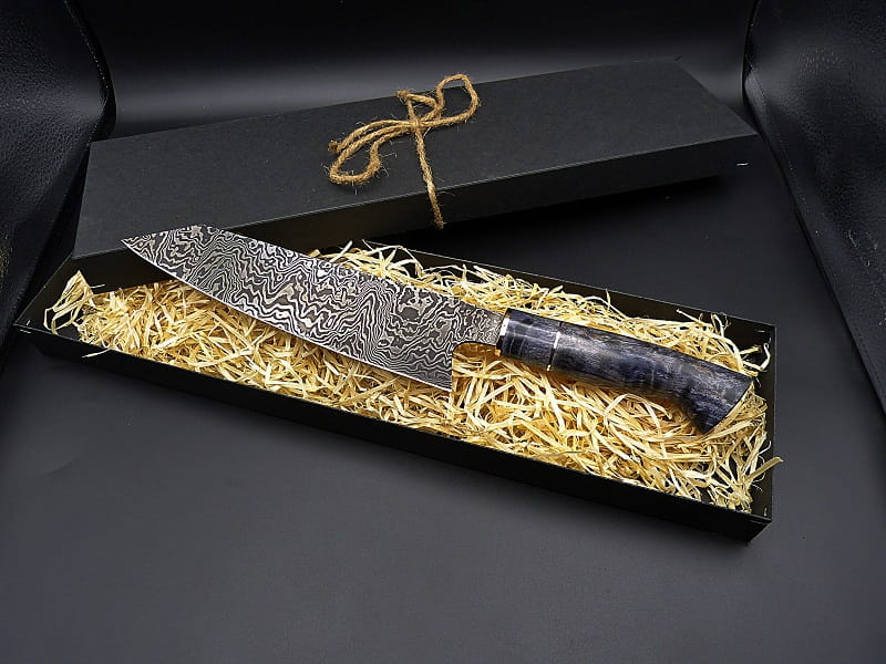 Damascus Bunka Knife with Stabilized Karelian Curly Birch Handle