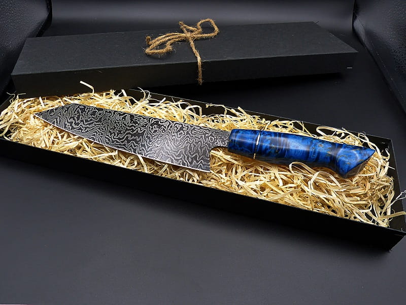 Damascus Bunka Knife with Stabilized Karelian Curly Birch Handle